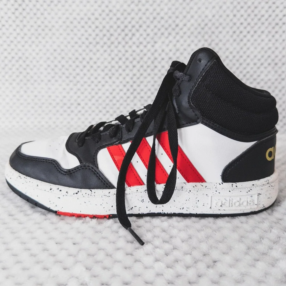 Adidas Hoops 3.0 Mid Sneakers Mens Size 6 White Black Red Speckled Basketball